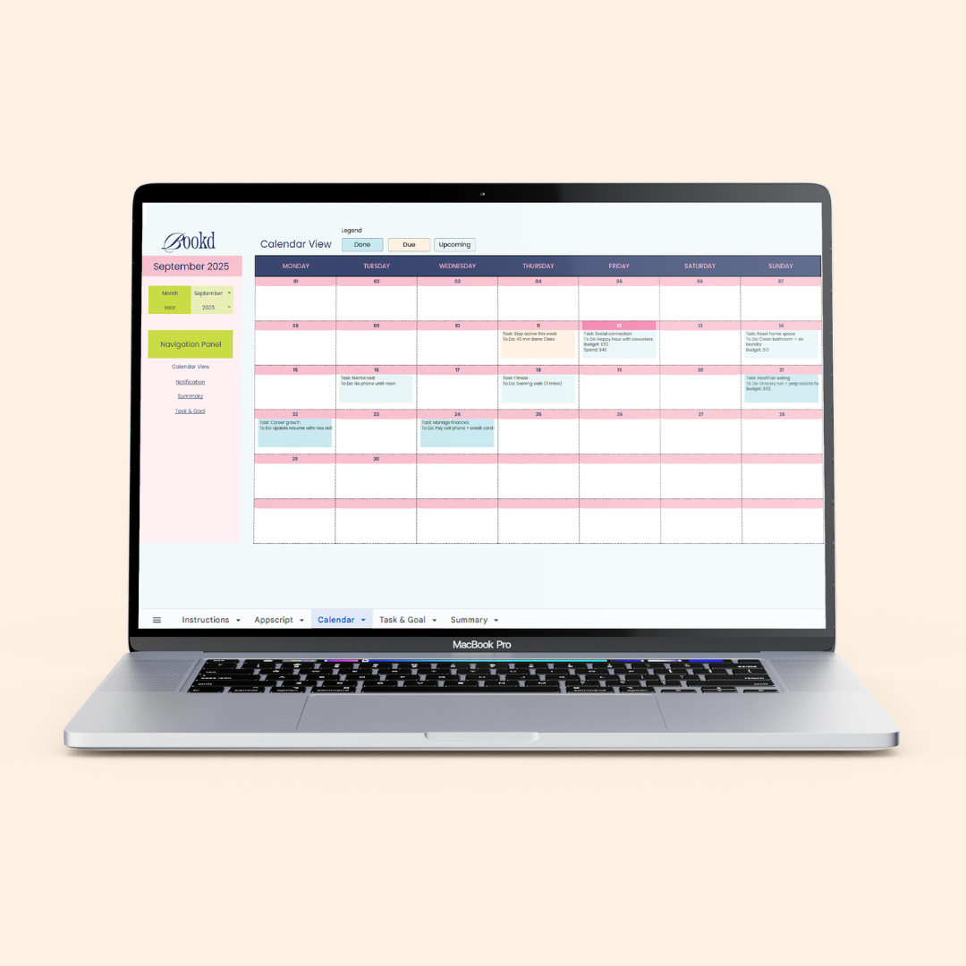 Book'd Goal & Task Dashboard (Google Sheets)