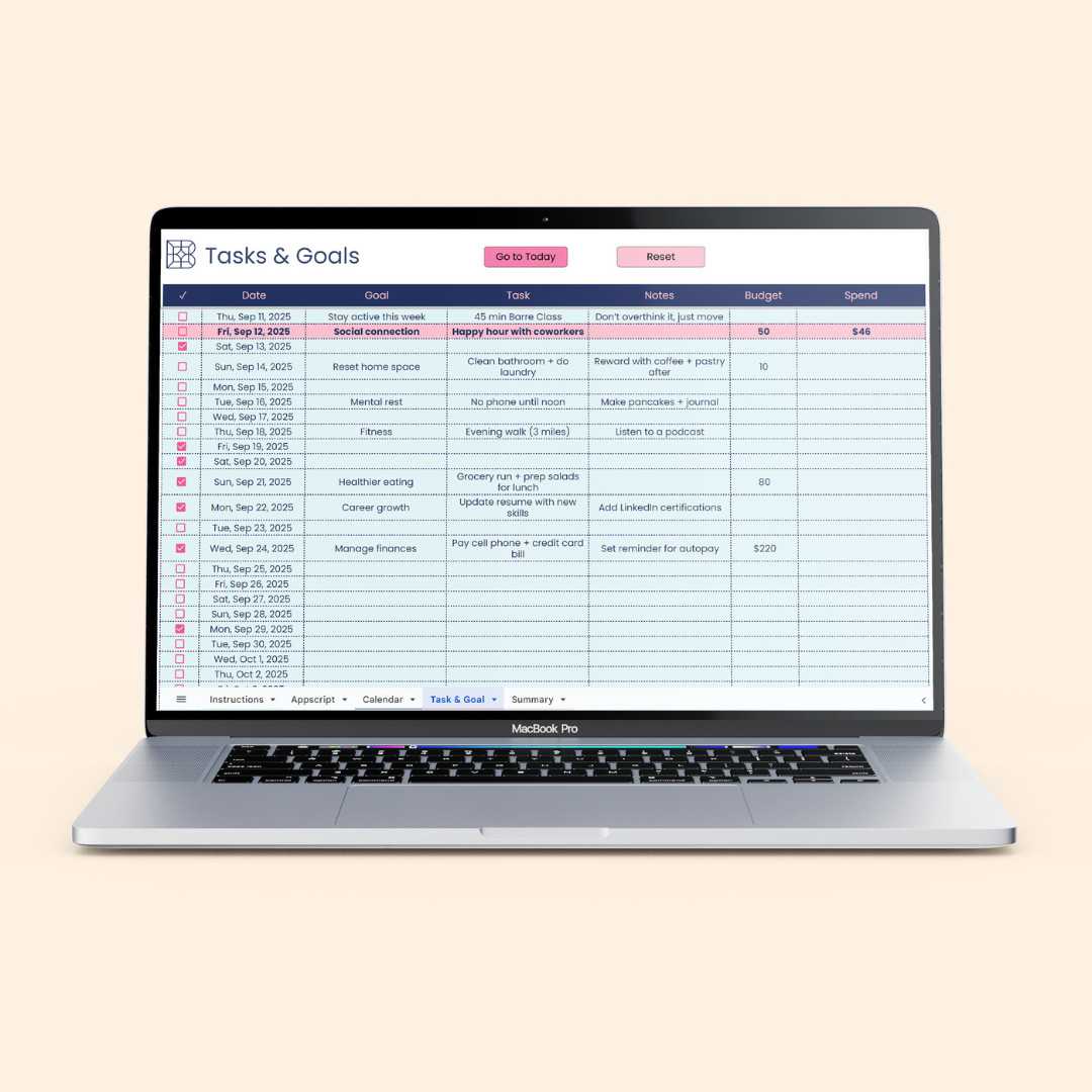 Book'd Goal & Task Dashboard (Google Sheets)